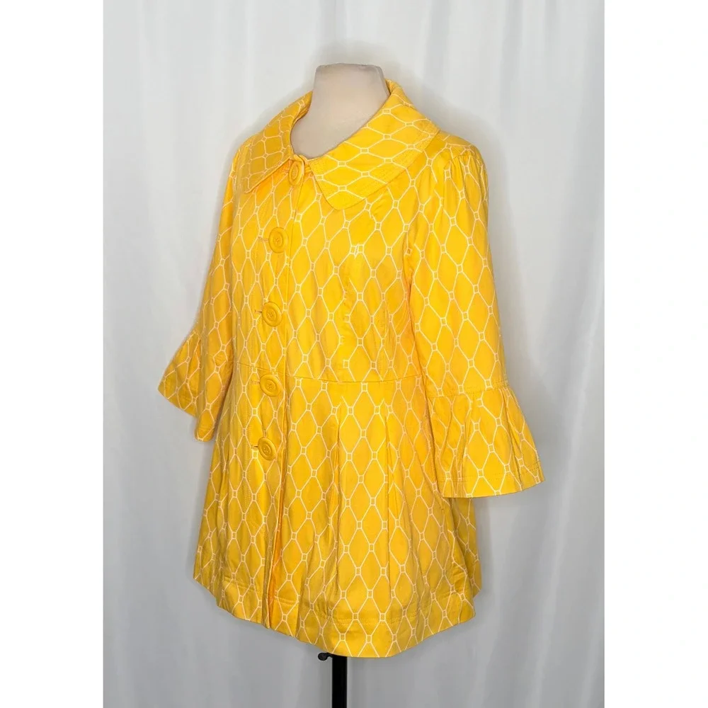 EDEN COURT Yellow White Geometric Print Coat Jacket Bell Sleeves‎ Pockets Large